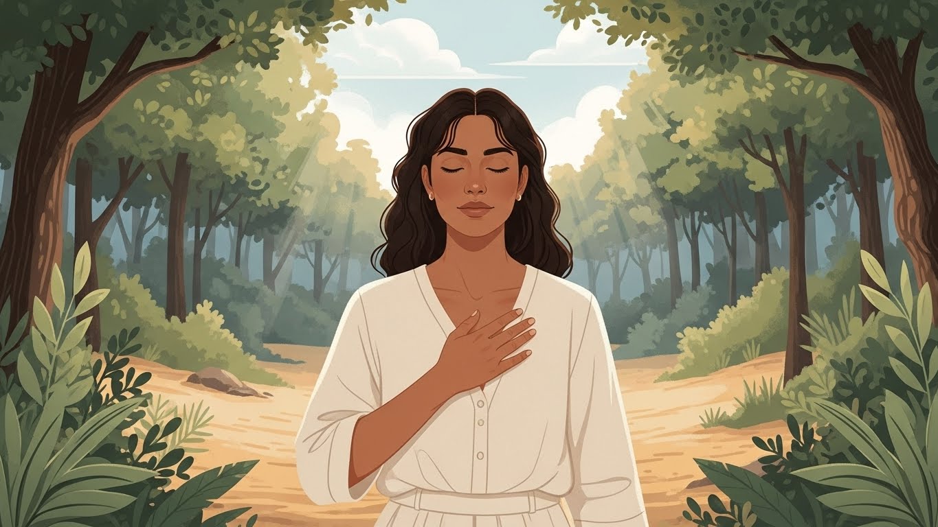 Anxiety calming tools: A person gently touching their heart in a serene forest.