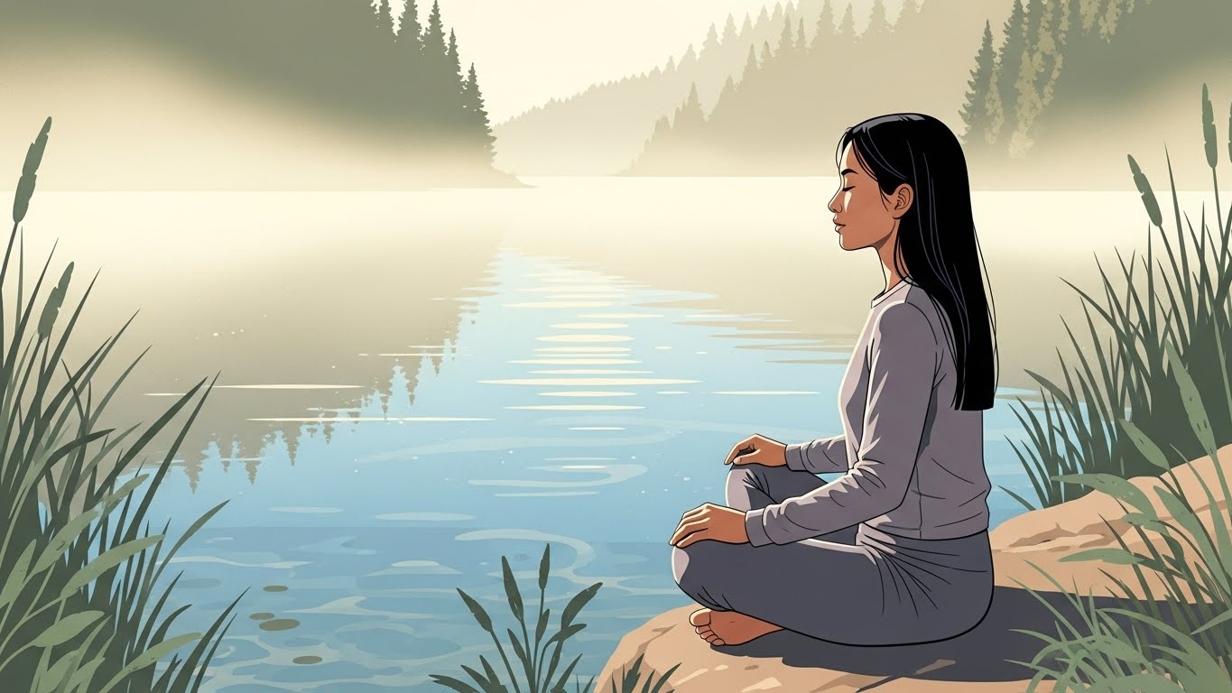 Anxiety calming tools: A person gently touching their heart in a serene forest.