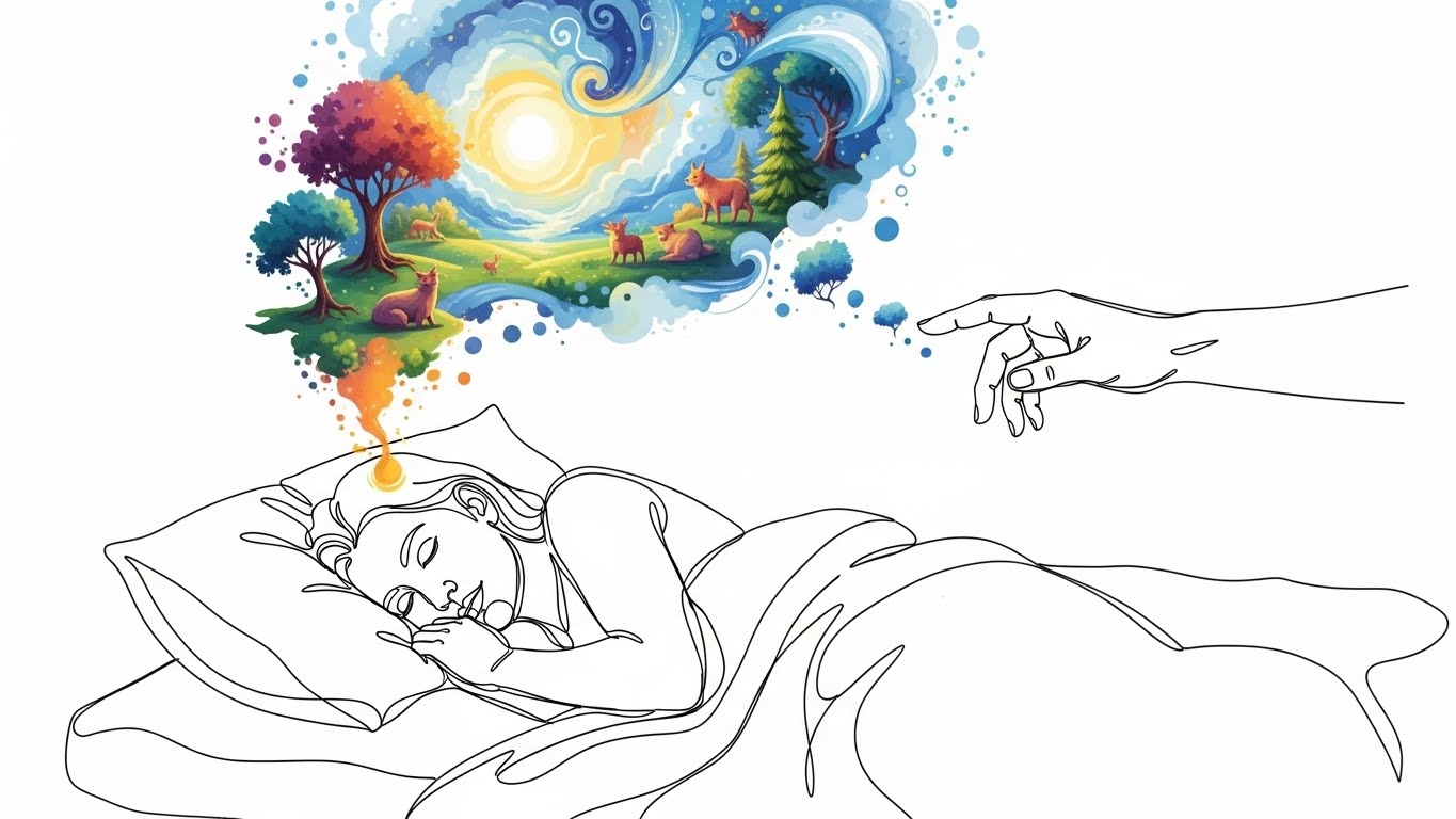 beginners lucid dreaming: A sleeping person with a glowing dreamscape above their head, showing them gently influencing it.