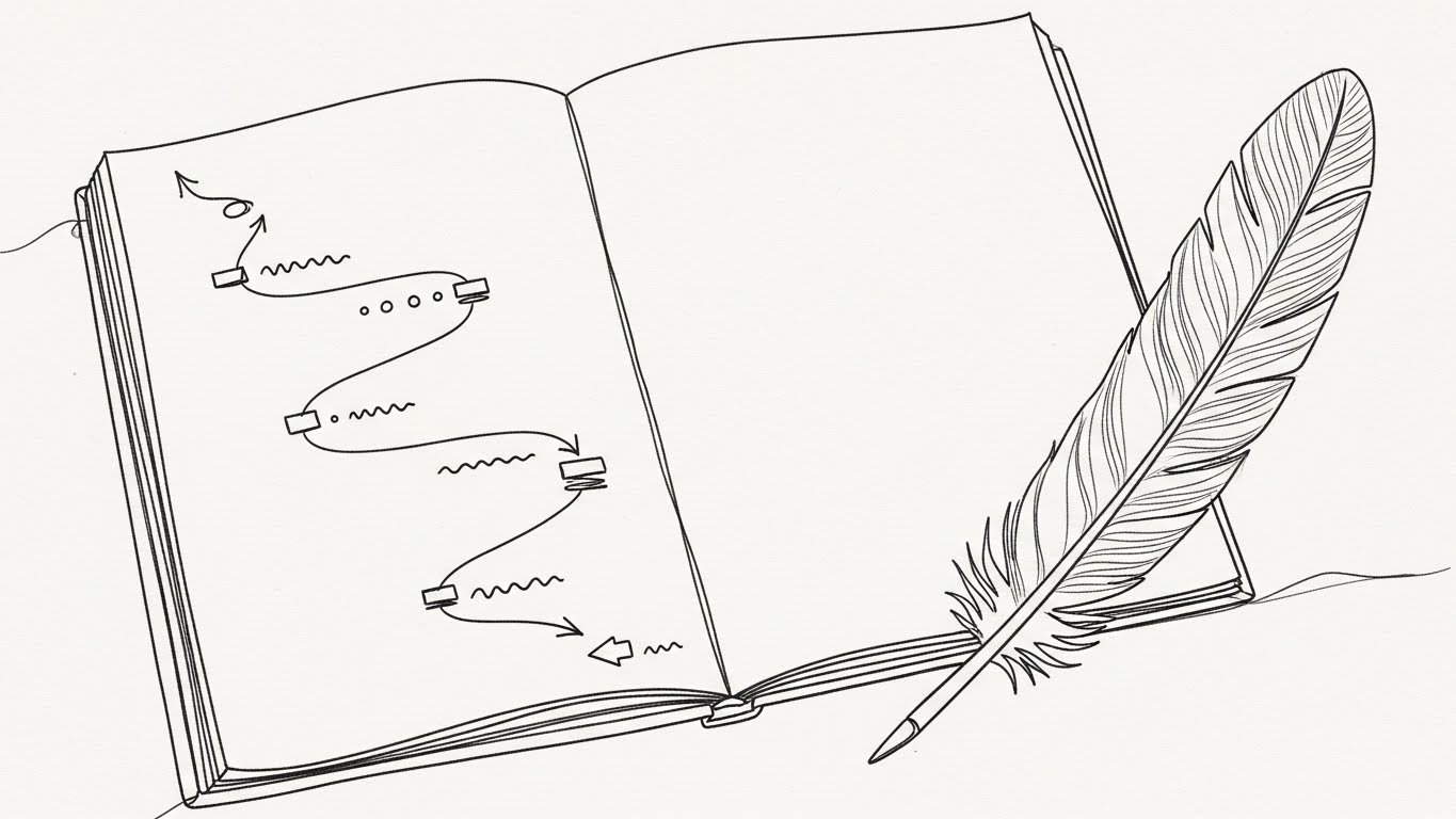 beginners lucid dreaming: An open notebook showing simple steps on a path, with a feather next to it.