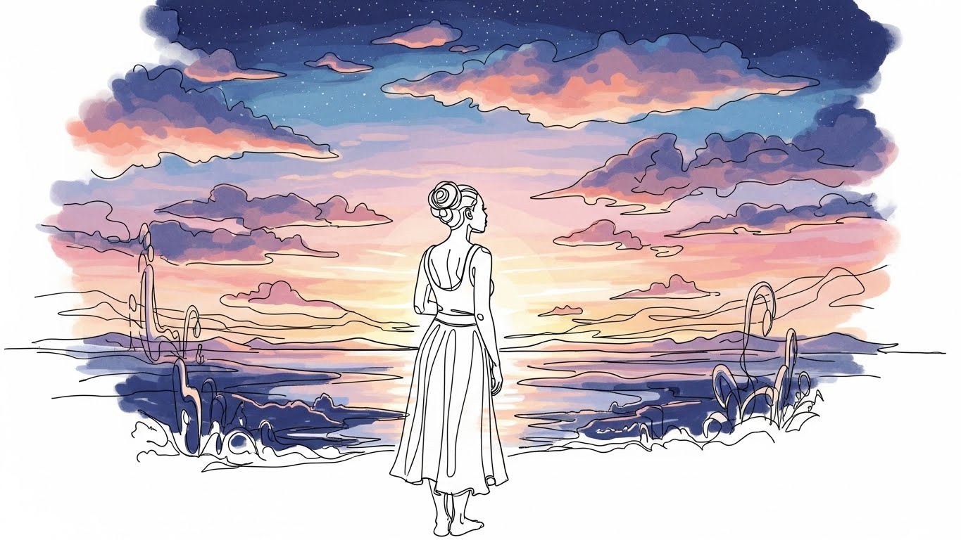 beginners lucid dreaming: A person standing in a dream landscape, looking out with wonder at the vast possibilities.