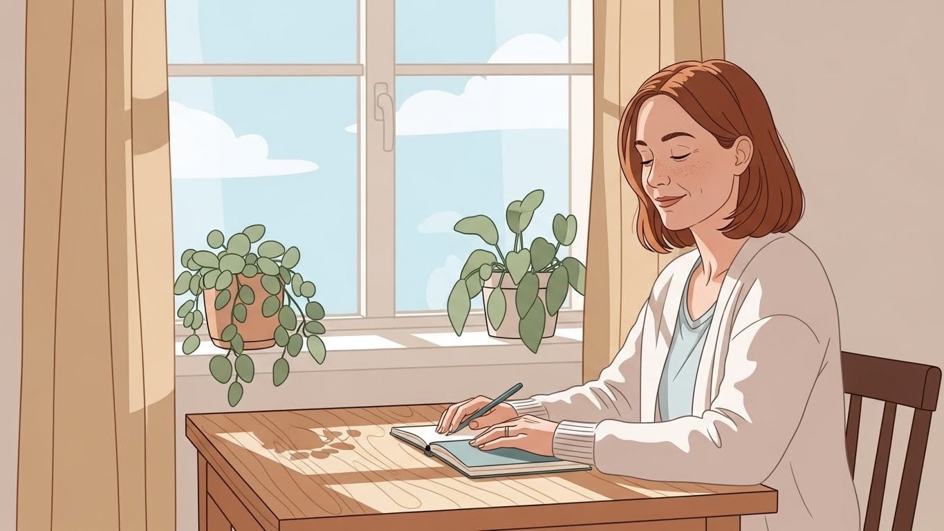 Boundaries for overthinking: A person closing their journal with peaceful intention.