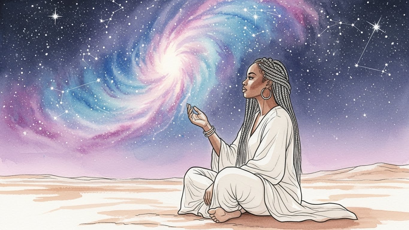 dreams for creativity: A person under a starry sky looking at a swirling nebula of thoughts.