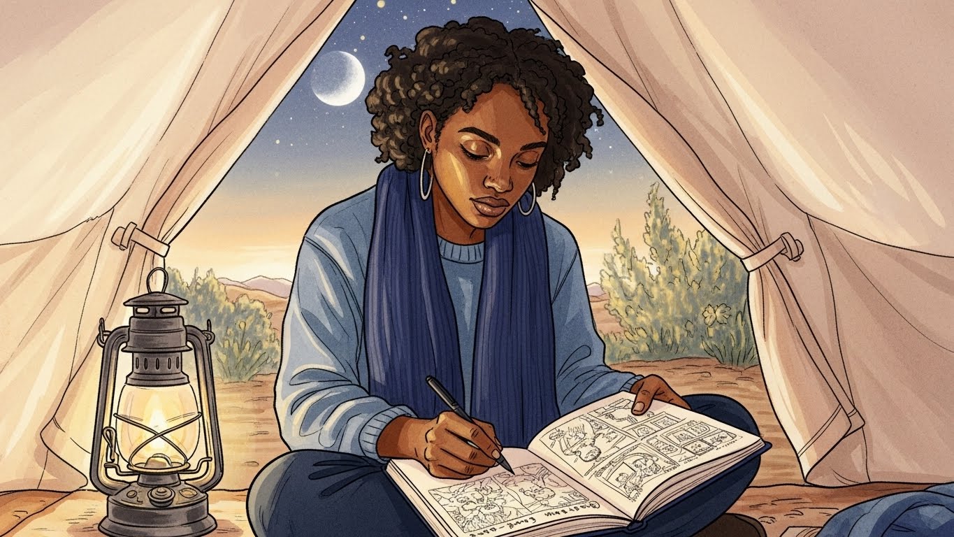 dreams for creativity: A person journaling by lantern light inside a rustic tent at dawn.