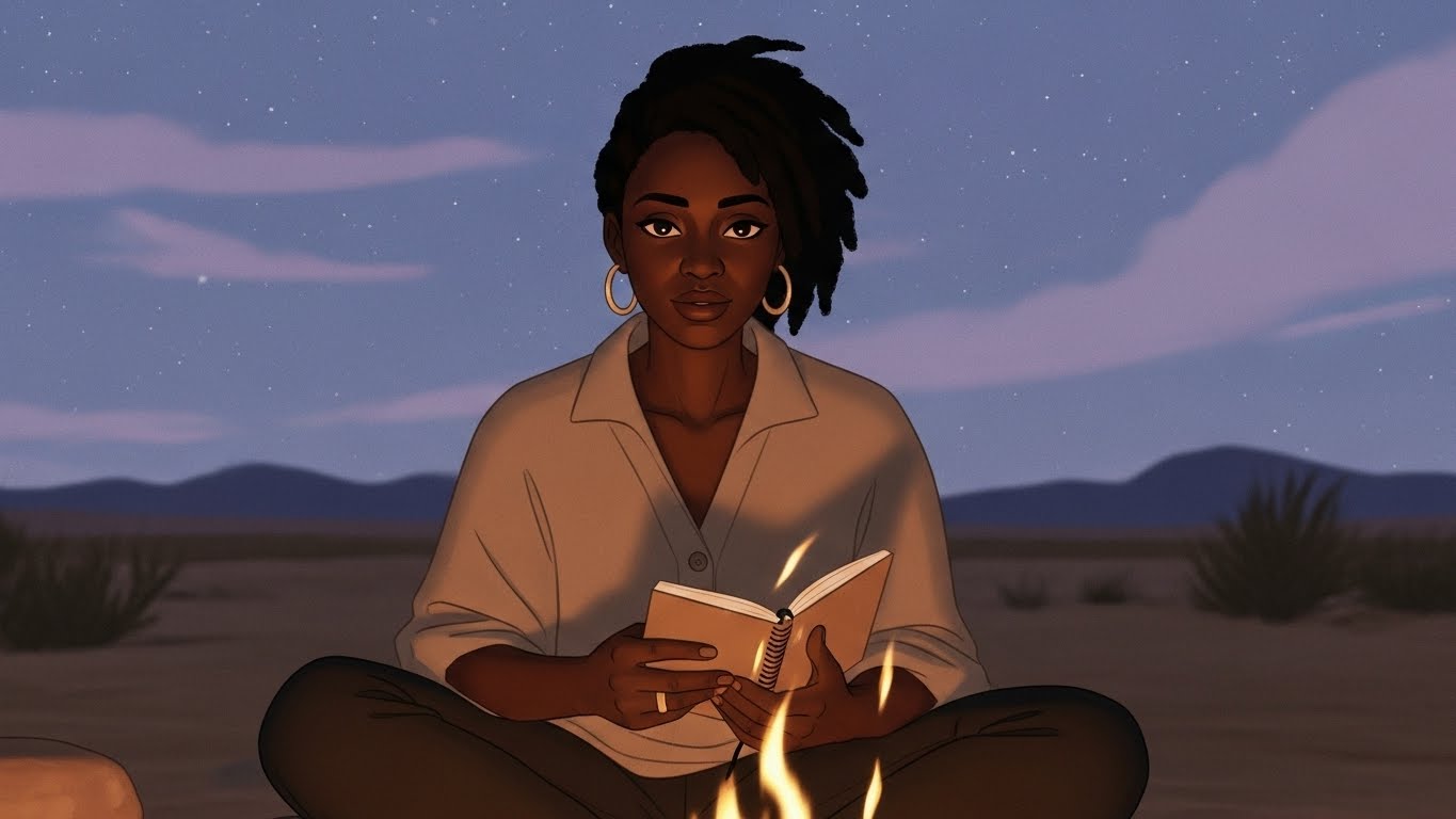 dream interpretation steps: A person writing in a journal by a campfire under a starry sky.