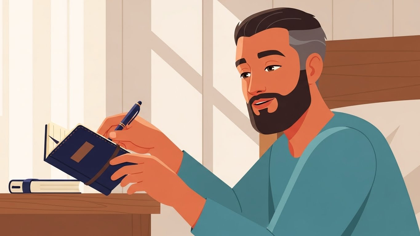 dream interpretation steps: A person reaching for a notebook after waking up.