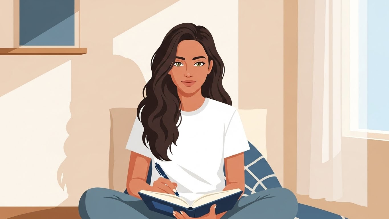 journaling for insight: a calm person sitting with an open journal and pen, looking serene