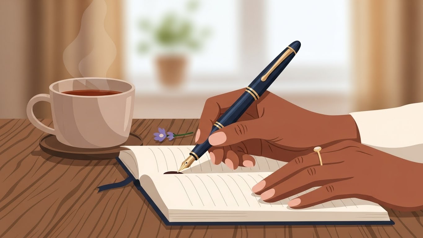 journaling for insight: hands holding a fountain pen over an open notebook, with a cup of tea nearby
