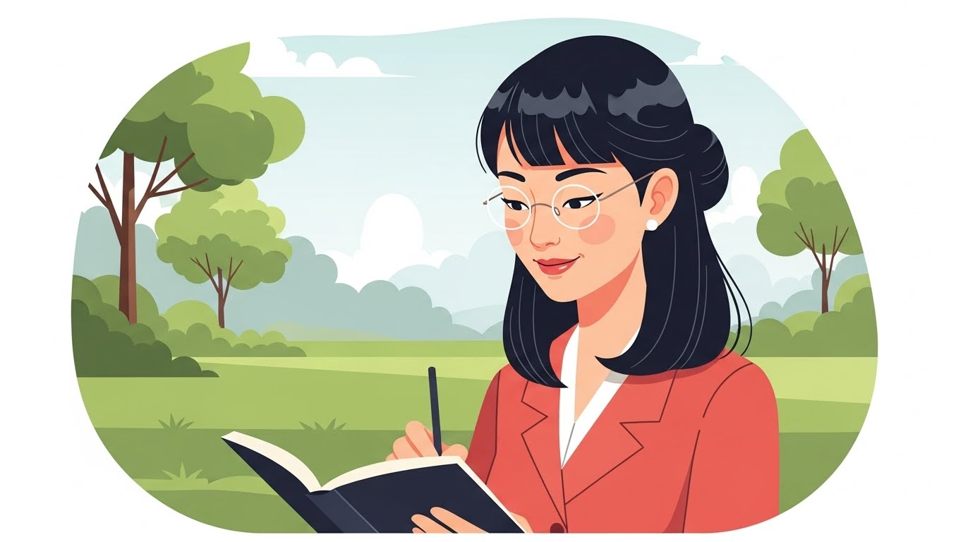 a person smiling peacefully while writing in a journal outdoors in a park